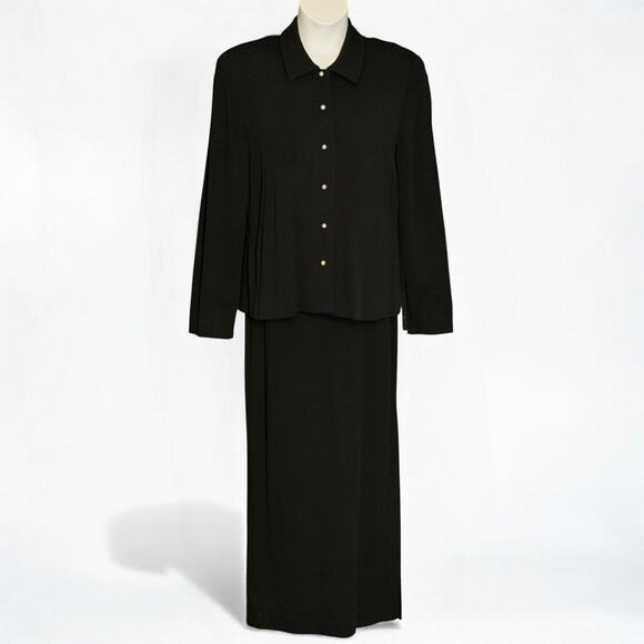 Vintage 90s Doncaster Black Jersey Maxi Skirt Jacket Set Pearl Buttons Size 10 - Picture 1 of 9